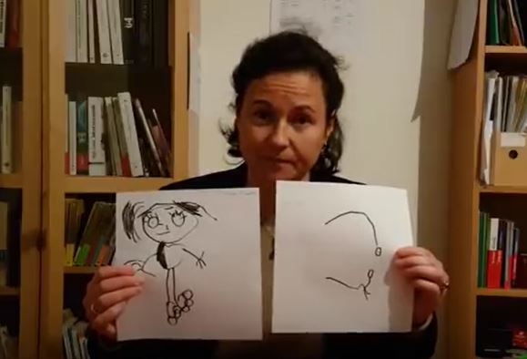 Pediatrician holds up drawings by two 4-year-olds. The drawing by the child who is on screens a lot is much less detailed than the one drawn by a child who doesn't spend much time on screens. 