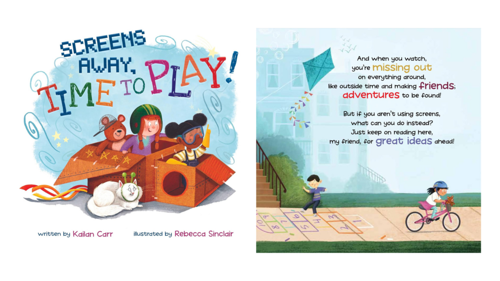 Cover and interior page of Screens Away, Time to Play! book depicting children having fun doing non-tech activities