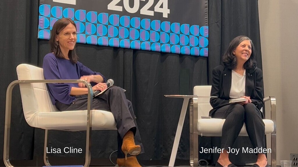 Lisa Cline (on left) and Jenifer Joy Madden discuss ed-tech and mental health in the classroom seated on stage at SXSW EDU 2024 during presentation "Log-Off and Learn: Healing the Broken Classroom"